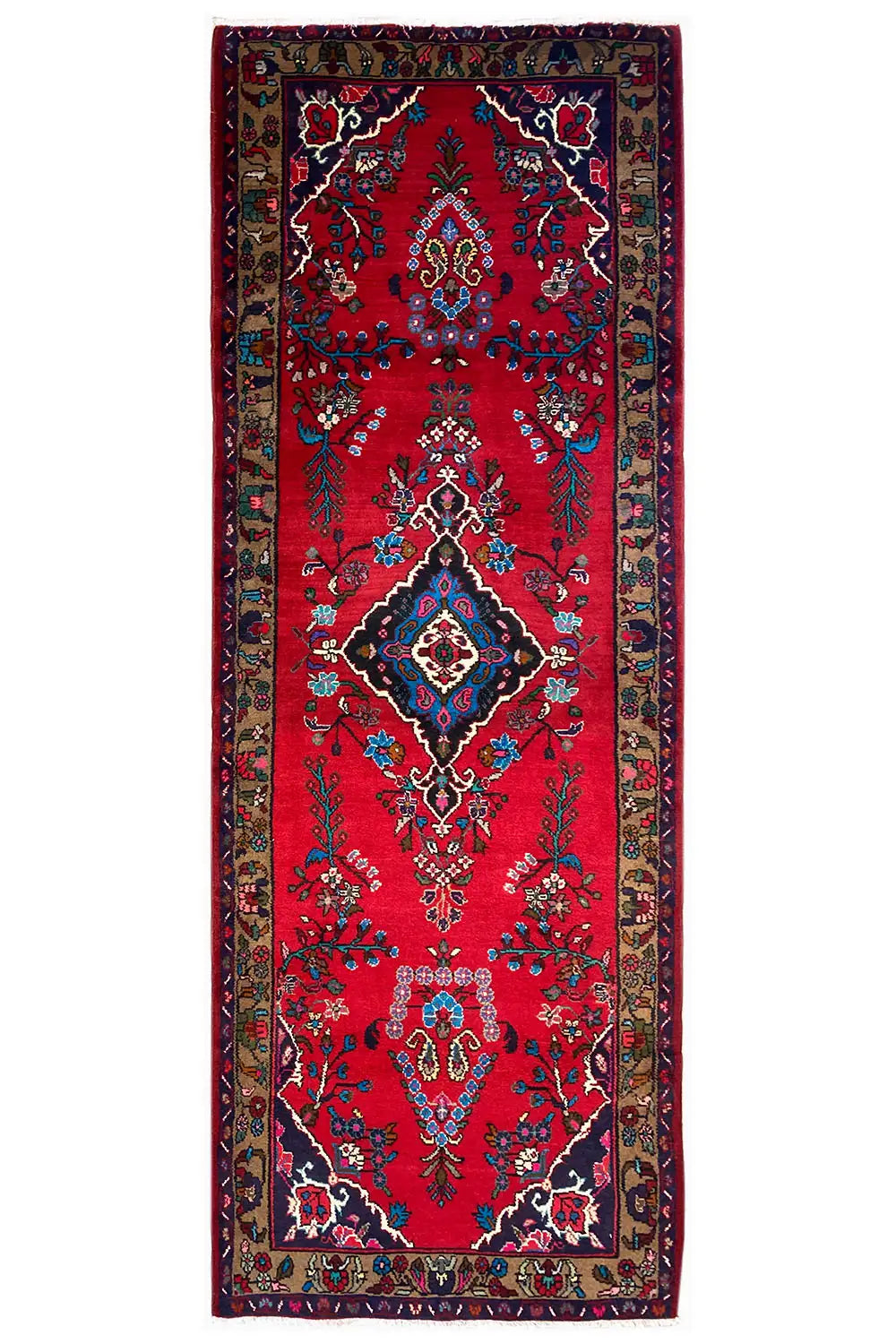 Hamadan runner 317x110 cm with red ornamental pattern and border, rectangular