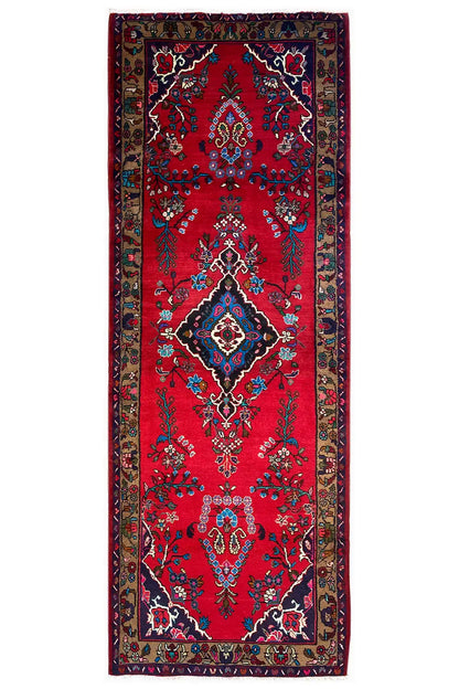 Hamadan runner 317x110 cm with red ornamental pattern and border, rectangular