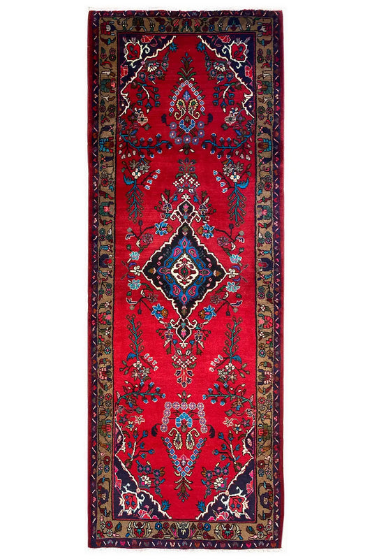 Hamadan runner 317x110 cm with red ornamental pattern and border, rectangular