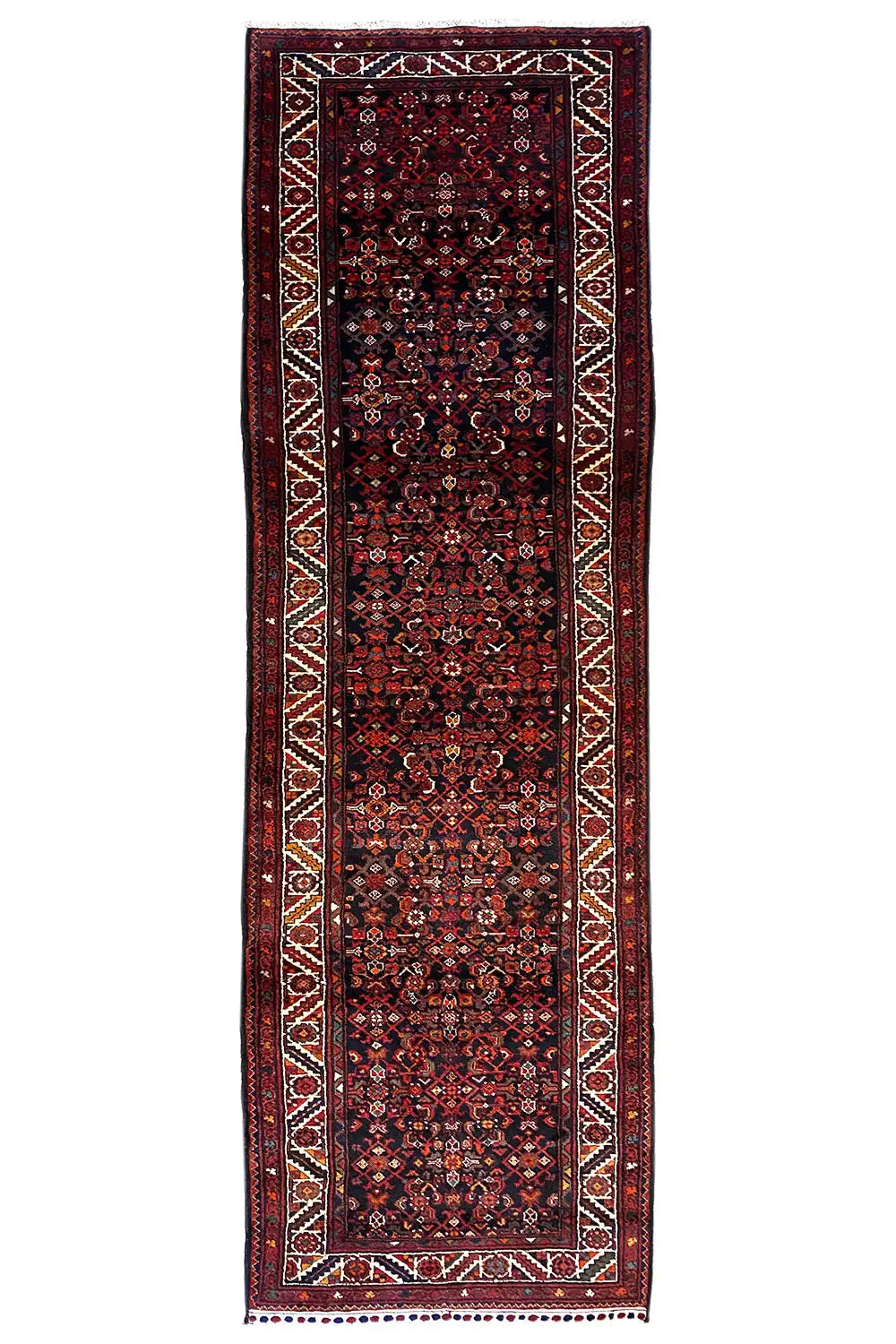 Rectangular oriental rug runner with a dark red pattern and decorative border along the edges