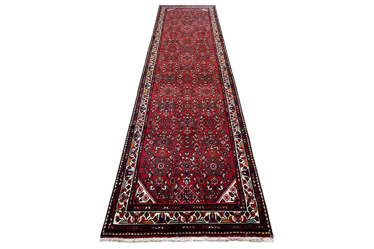 Red Hamadan runner (377x102 cm) with decorative borders, frame pattern and clear edging