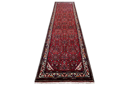 Red Hamadan runner (377x102 cm) with decorative borders, frame pattern and clear edging