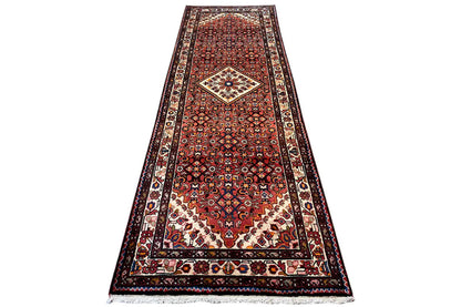 Hamadan rug 299x109 cm: red medallion pattern with a dark blue border