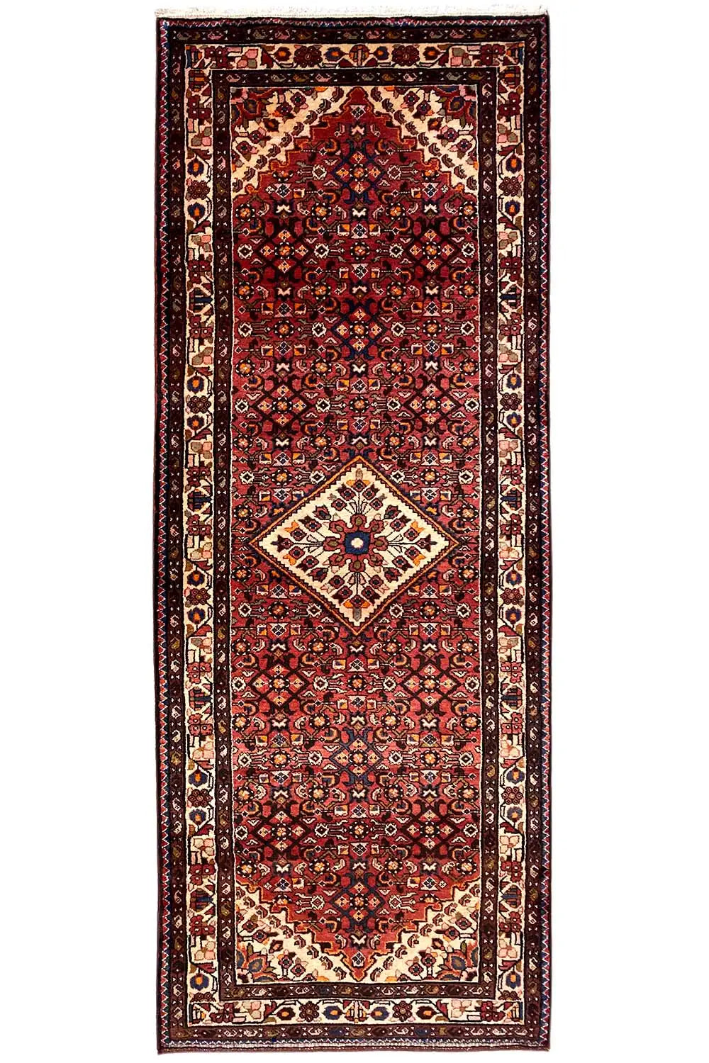 Rectangular Hamadan rug with a burgundy background, borders, and medallion