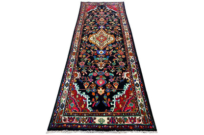 Oriental rug runner, narrow rectangular, colorful pattern with decorative borders