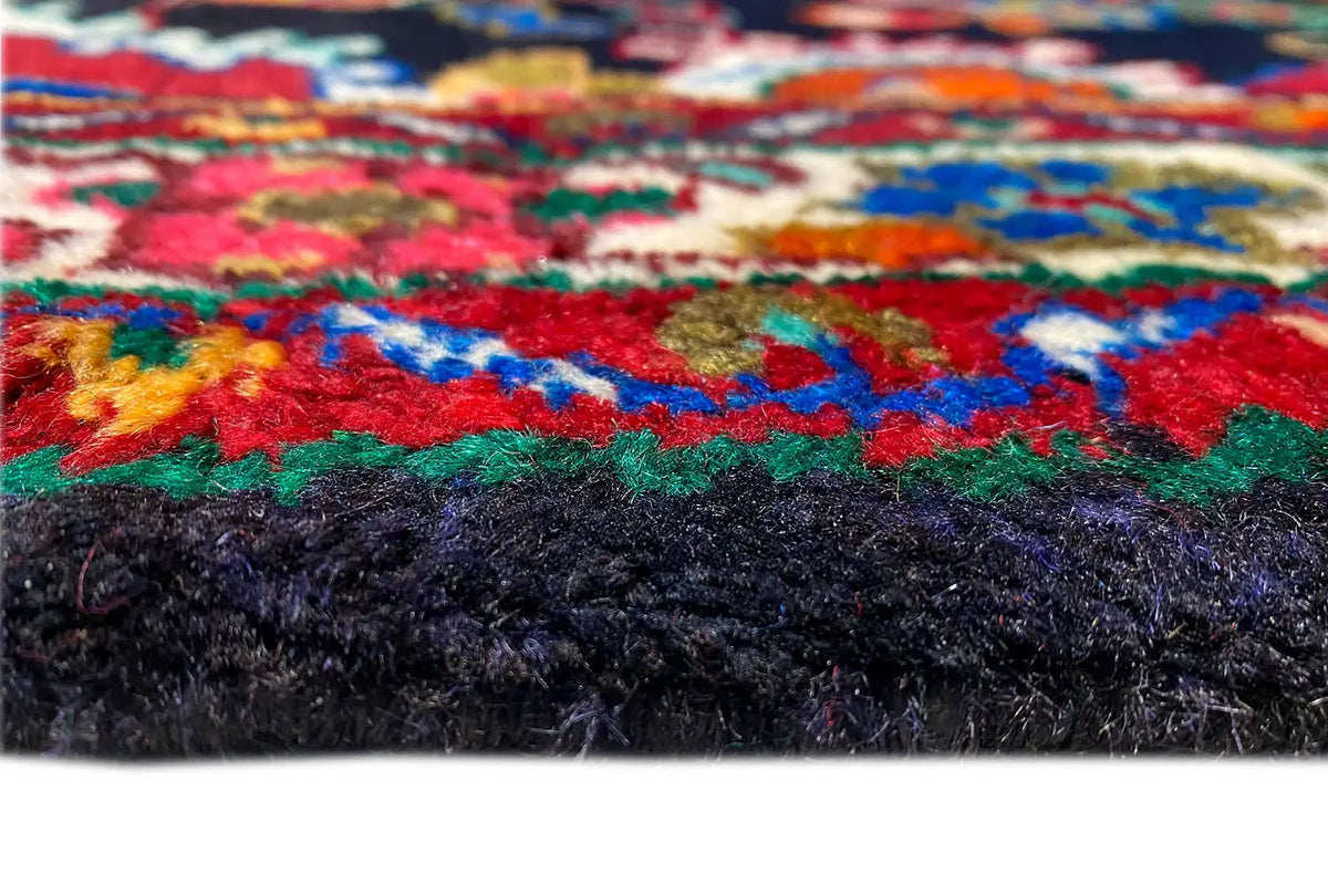 Close-up: short-pile Oriental runner rug with colorful ornaments and fringes