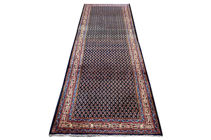 Hamadan runner, dark blue Oriental rug with border and small pattern, 311x115 cm