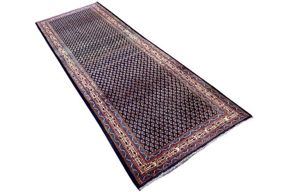 Oriental rug runner, dark blue with a fine diamond pattern and colorful edging, 311x115 cm