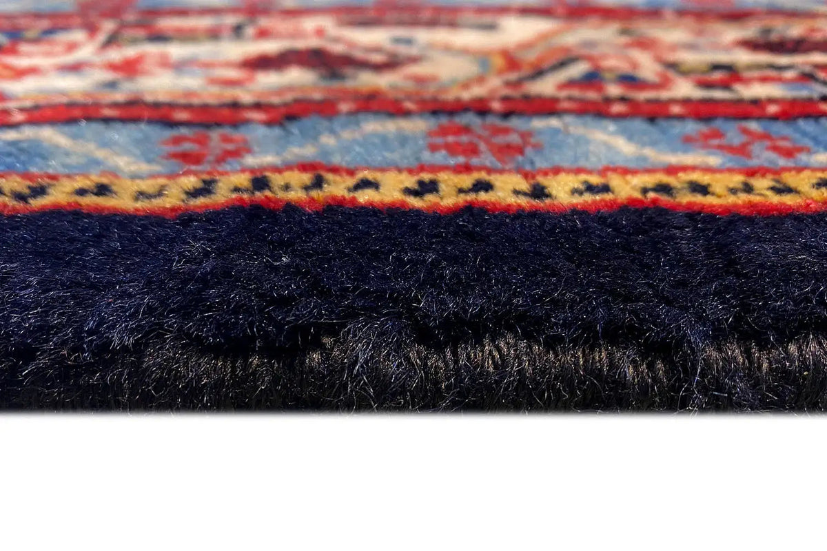 Runner edge with dark pile and border finish in blue, red, and beige, 311x115 cm
