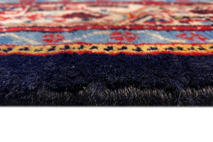 Runner edge with dark pile and border finish in blue, red, and beige, 311x115 cm