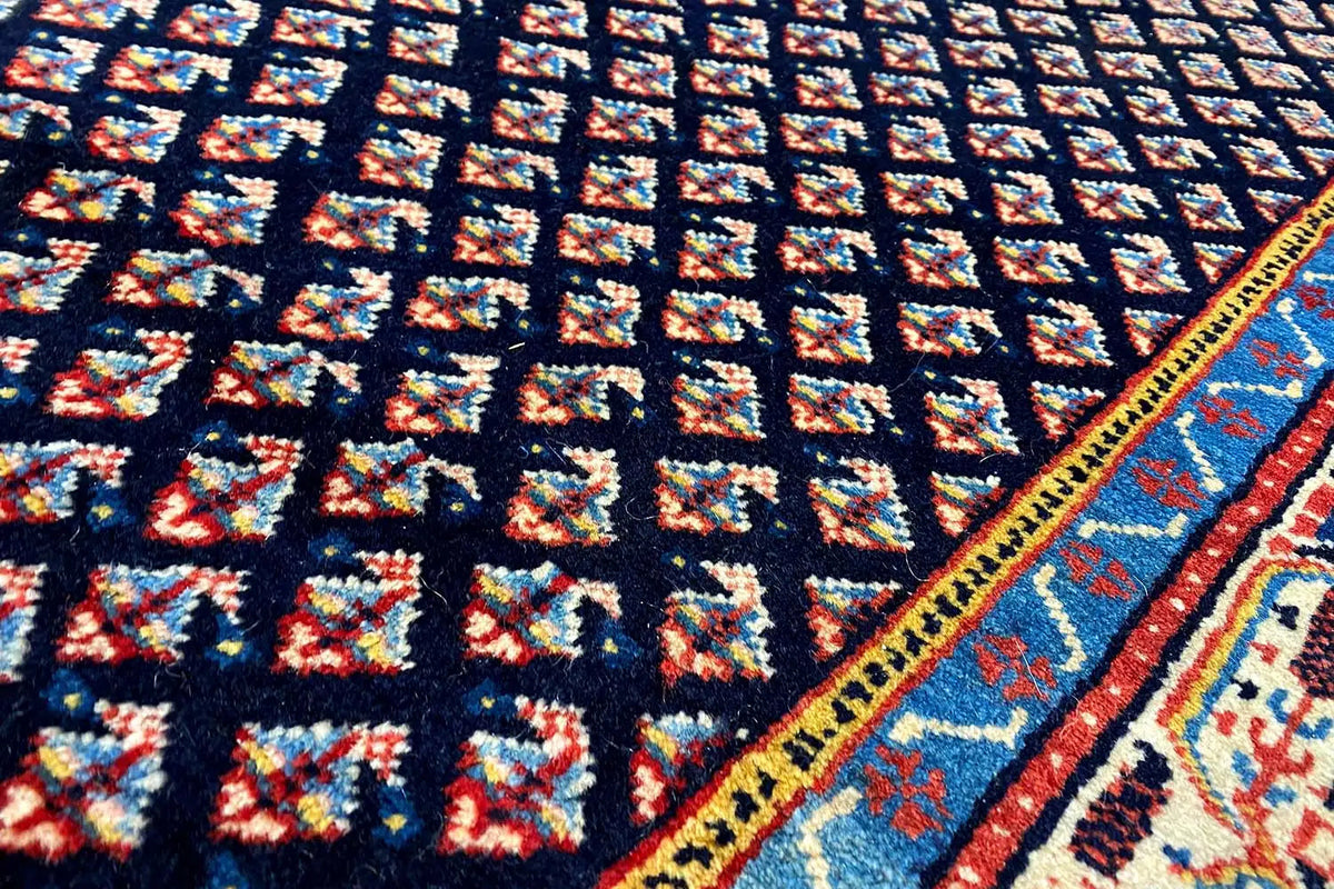 Detail of the Hamadan rug: dark blue pile with colorful decorative motifs and a multicolored border