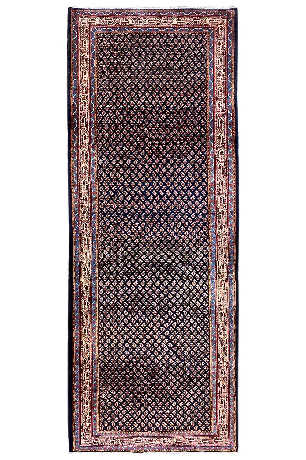 Oriental rug runner with rectangular border in blue, red, and beige, 311x115 cm