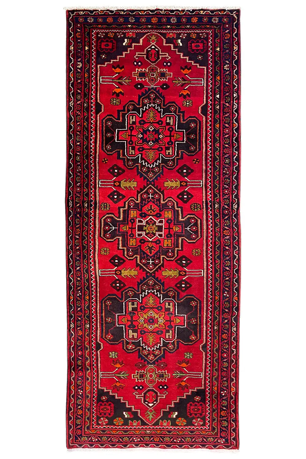 Hamadan runner with a red ornamental pattern and wide border frame, rectangular
