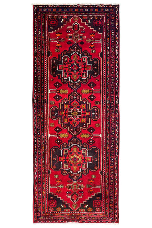 Hamadan runner with a red ornamental pattern and wide border frame, rectangular