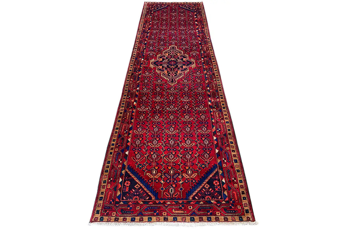 Hamadan runner 369x108 cm with a red background, blue central motif, and framed border