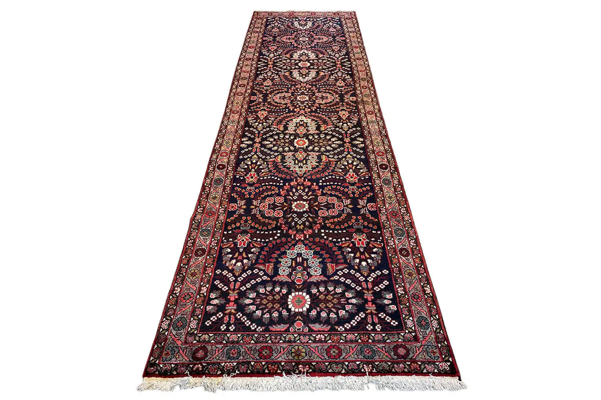 Hamadan runner, narrow and long, dark blue with red ornaments and a beige border