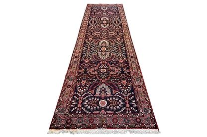 Hamadan runner, narrow and long, dark blue with red ornaments and a beige border