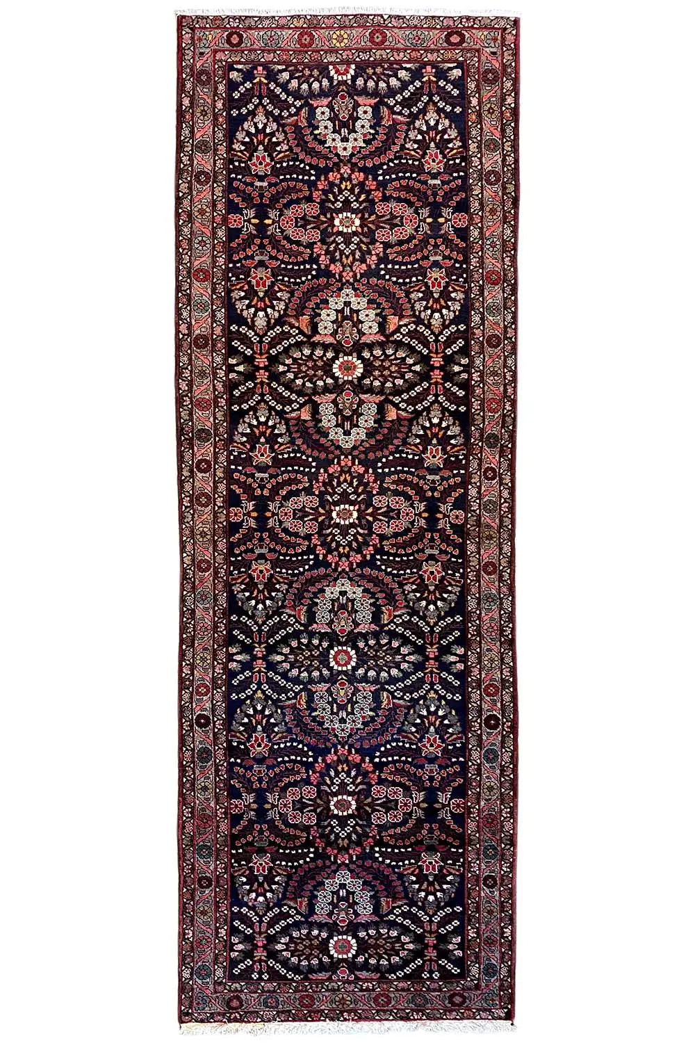 Hamadan runner, vertical: dark blue with a red border and ornamental central motif