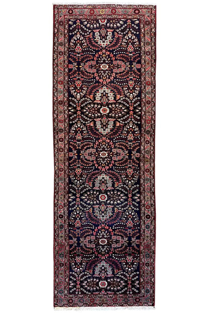 Hamadan runner, vertical: dark blue with a red border and ornamental central motif
