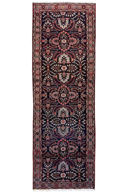 Hamadan runner, vertical: dark blue with a red border and ornamental central motif