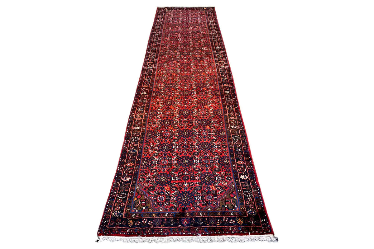 Hamadan runner 423x108 cm, red carpet runner with decorative border