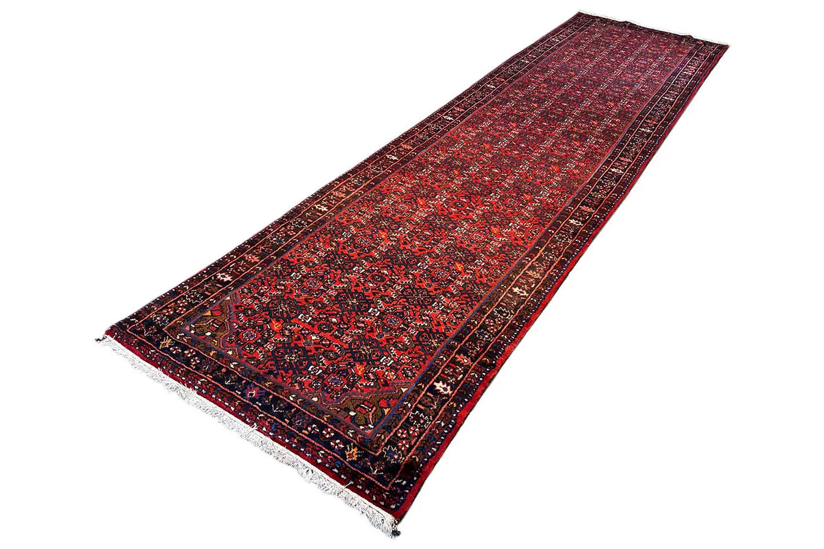 Hamadan runner 423x108 cm, multicolored medallion pattern with a dark border