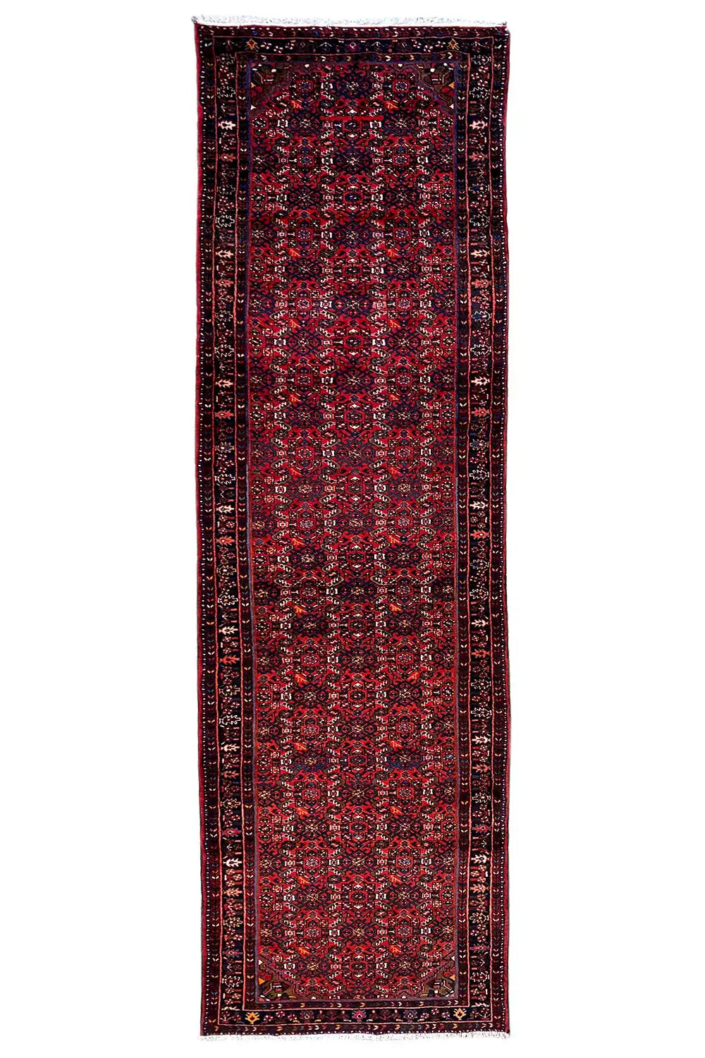 Hamadan runner 423x108 cm with a red pattern and dark blue border