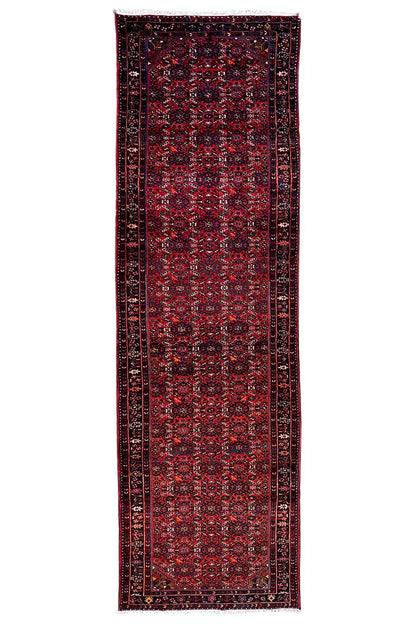 Hamadan runner 423x108 cm with a red pattern and dark blue border