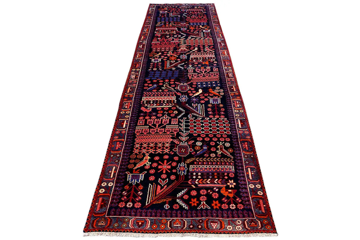 Hamadan runner with red and dark blue pattern, rectangular, 379×112 cm