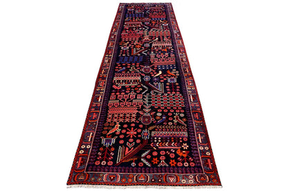 Hamadan runner with red and dark blue pattern, rectangular, 379×112 cm