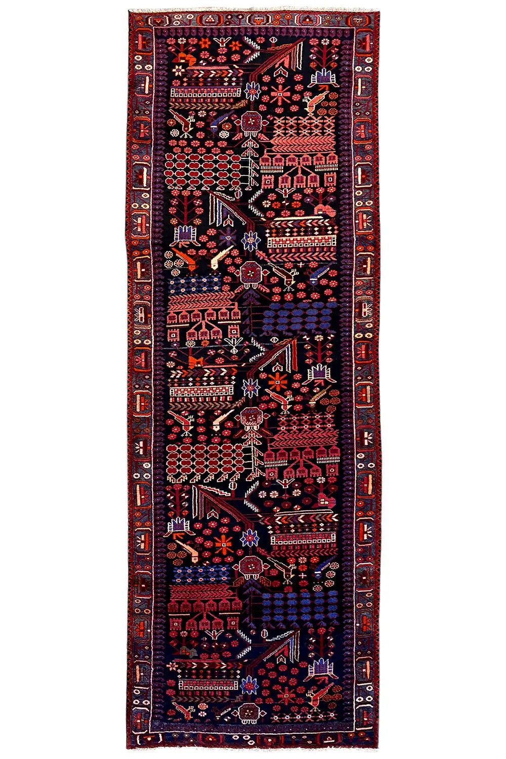 Narrow rectangular oriental runner with a dark blue background, red details, and a border