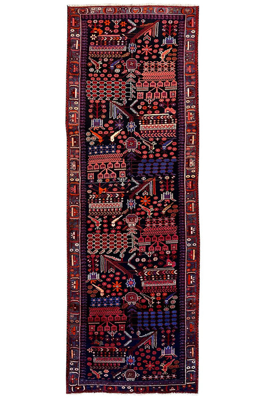Narrow rectangular oriental runner with a dark blue background, red details, and a border
