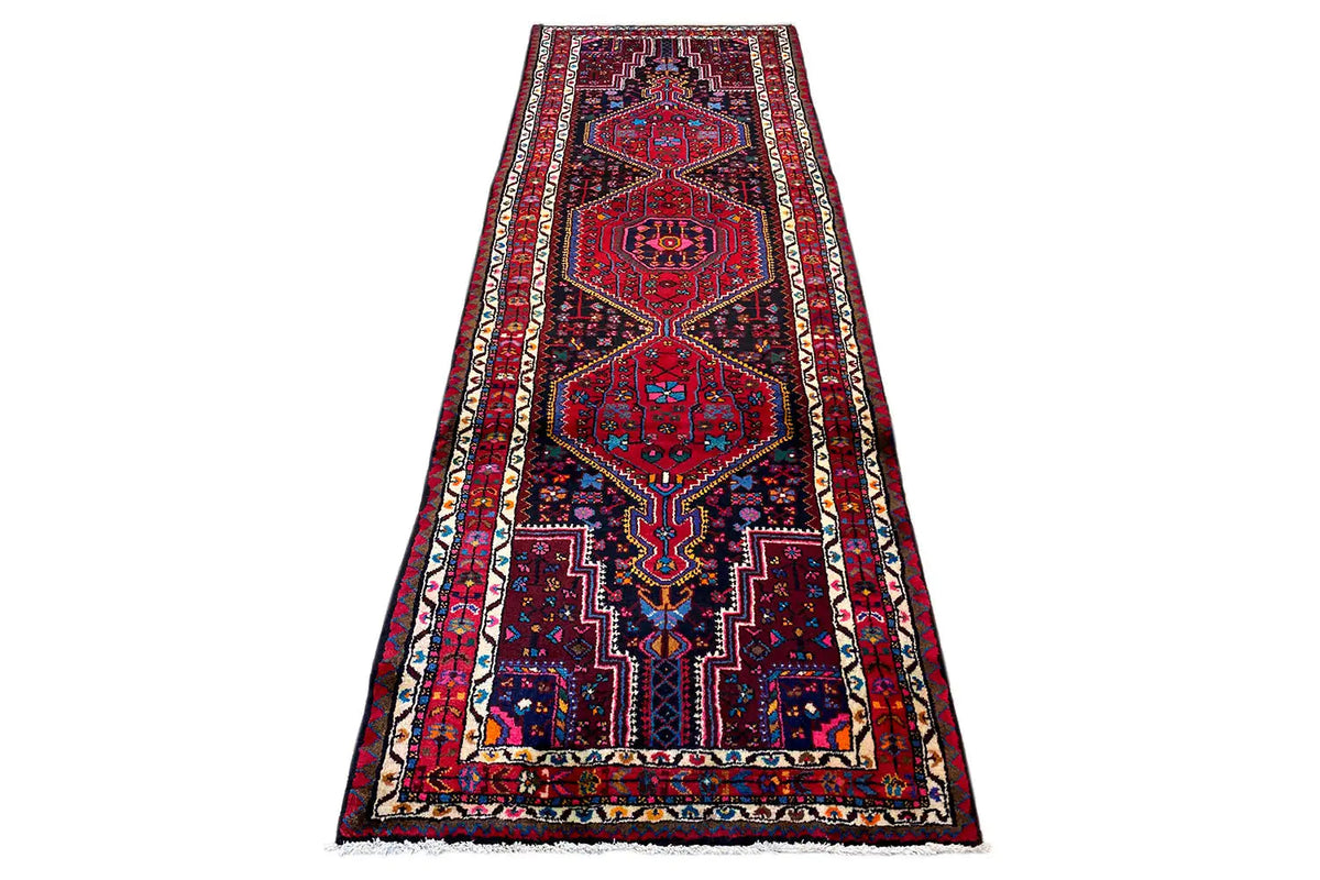 Hamadan runner rug, dark blue with red ornaments and border