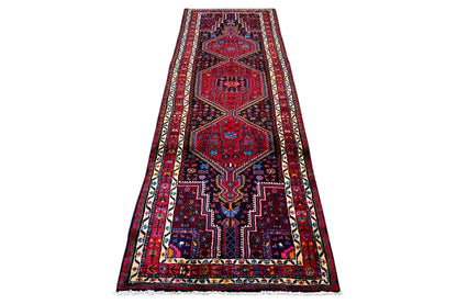 Hamadan runner rug, dark blue with red ornaments and border