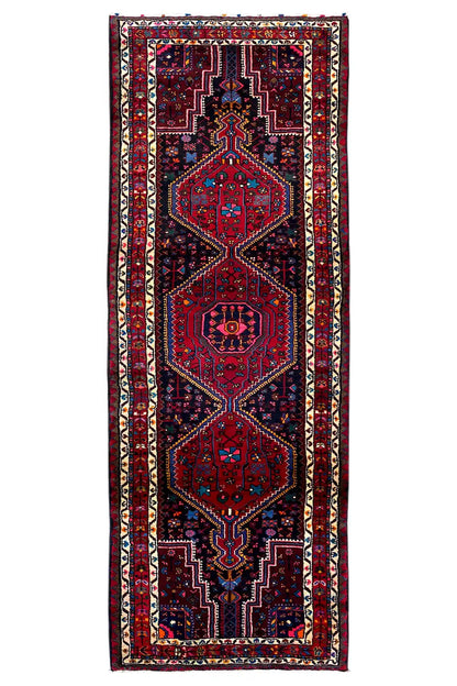 Hamadan runner with oriental pattern, dark blue/red, borders