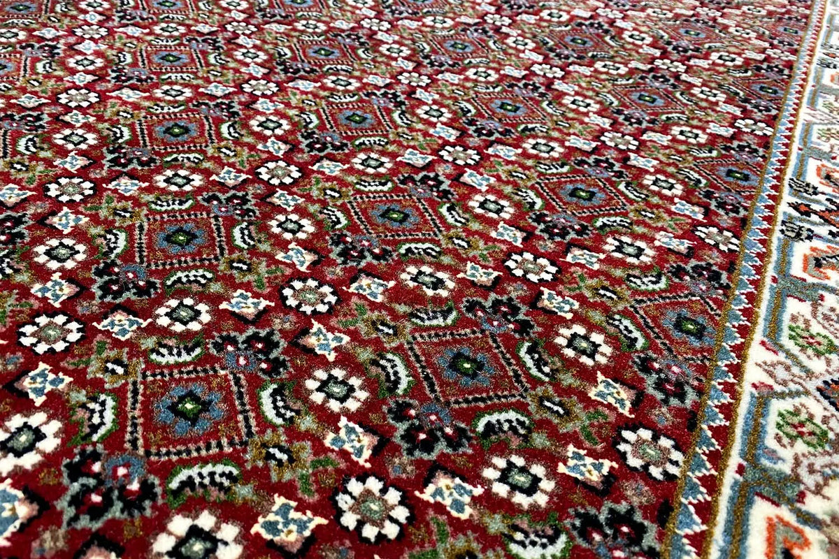 Bidjar rug: intricate patterns in red, green, and beige, with delicate ornaments