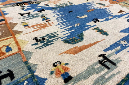 Kilim rug, detailed view with figures and ornaments in blue, beige, and teal