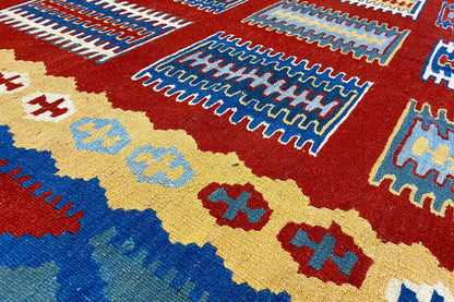 Kilim Qashqai rug: geometric rows in blue, red and beige