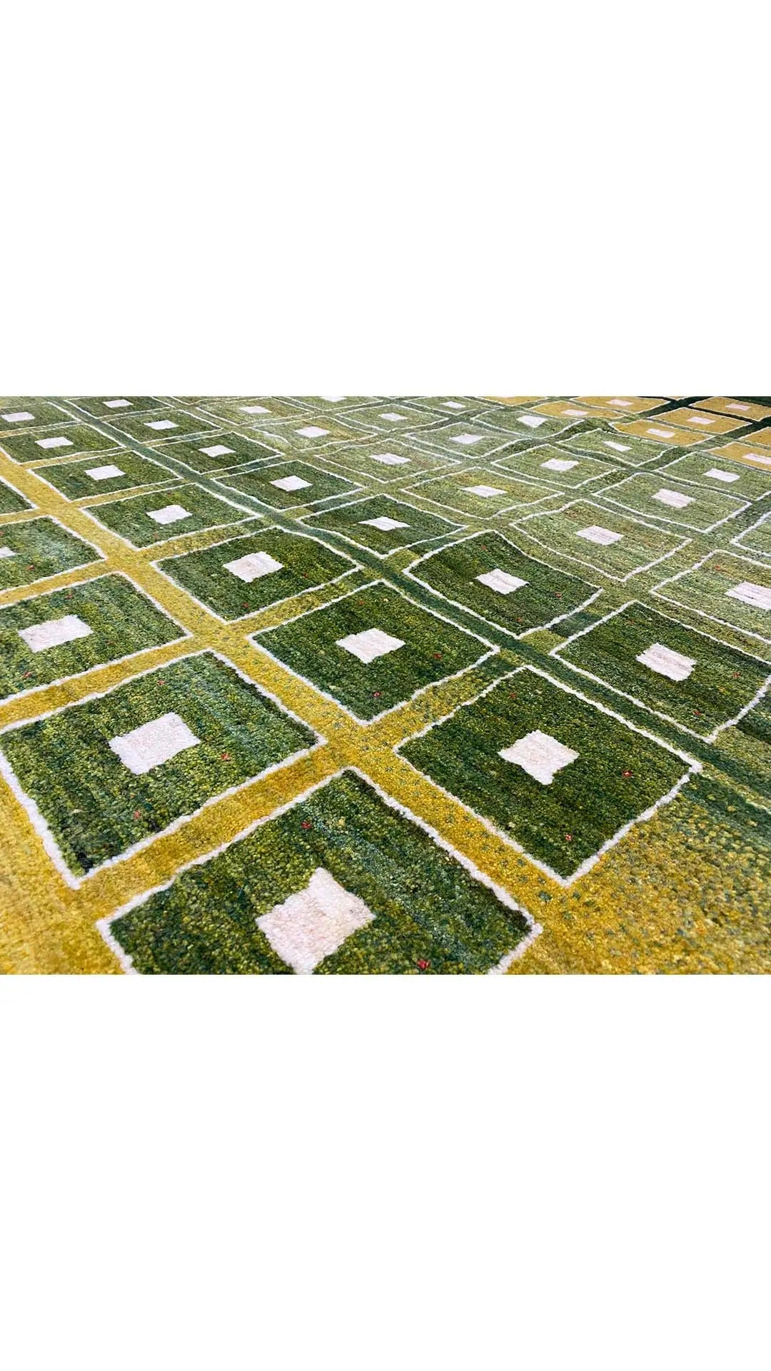 Gabbeh rug 199x152 cm: green pattern with yellow lines and white squares