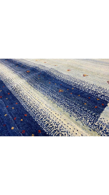 Gabbeh rug, blue and light beige stripes with multicolored dots and fringe