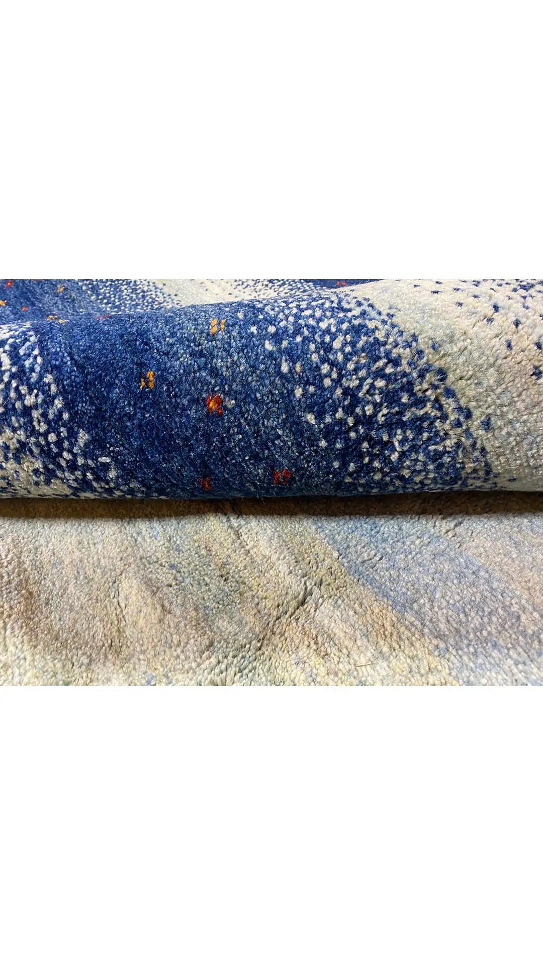 Gabbeh rug, striped pile in blue and light beige with colorful dots