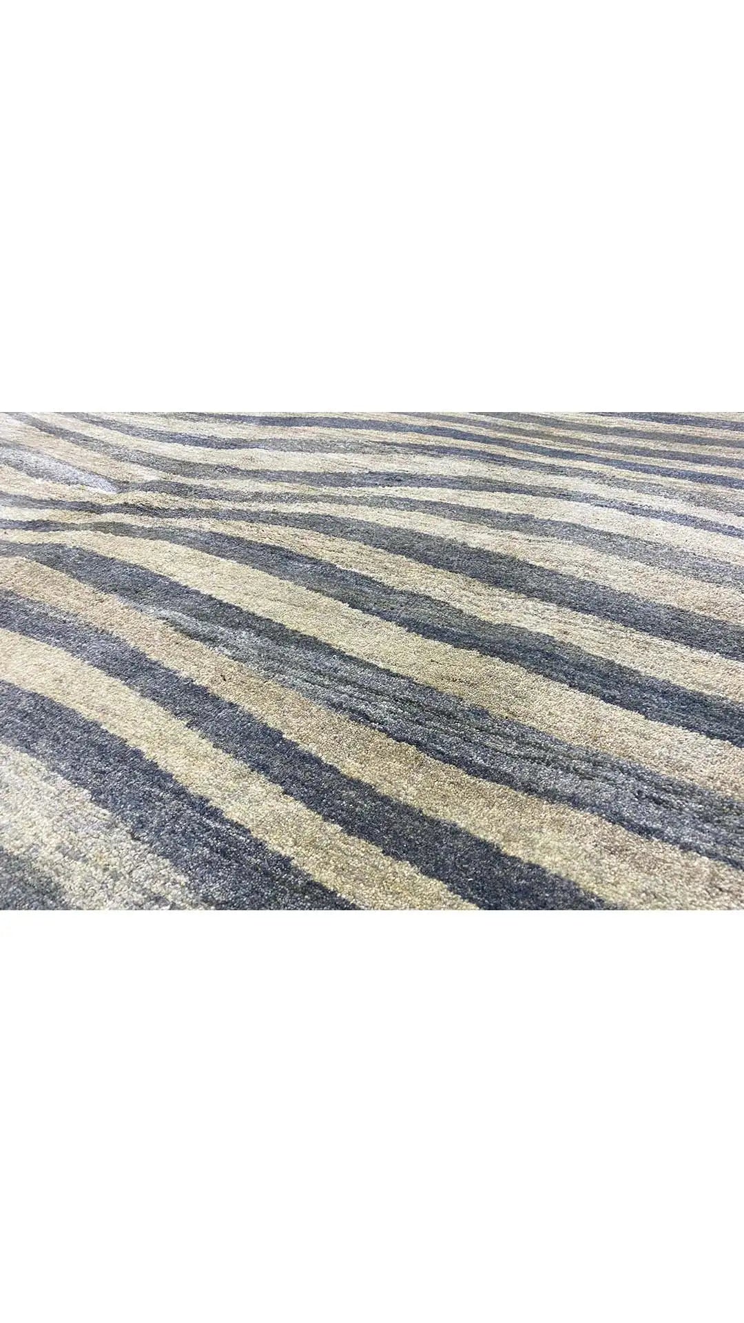 Gabbeh rug with zebra stripes in blue, gray, and beige, 198 x 146 cm