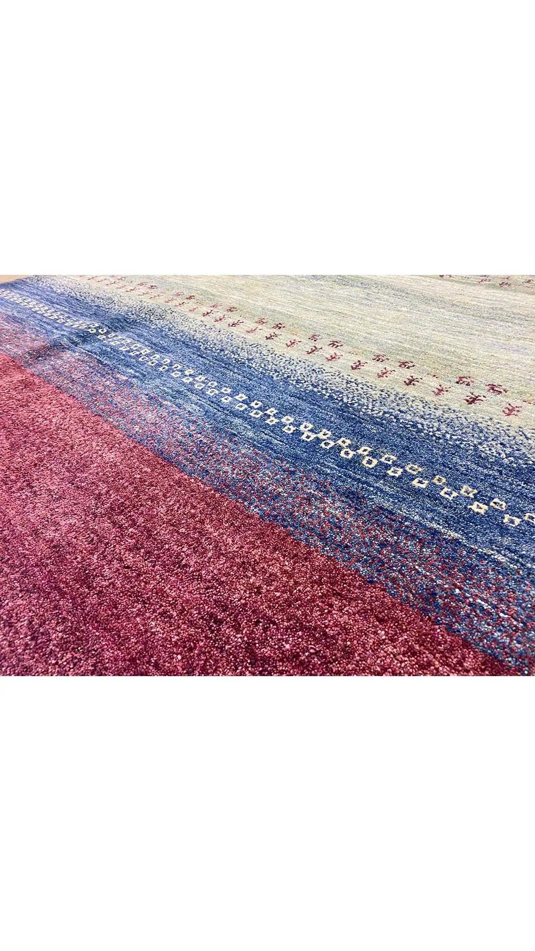 Gabbeh rug 200x148 cm with a blue and burgundy striped pattern