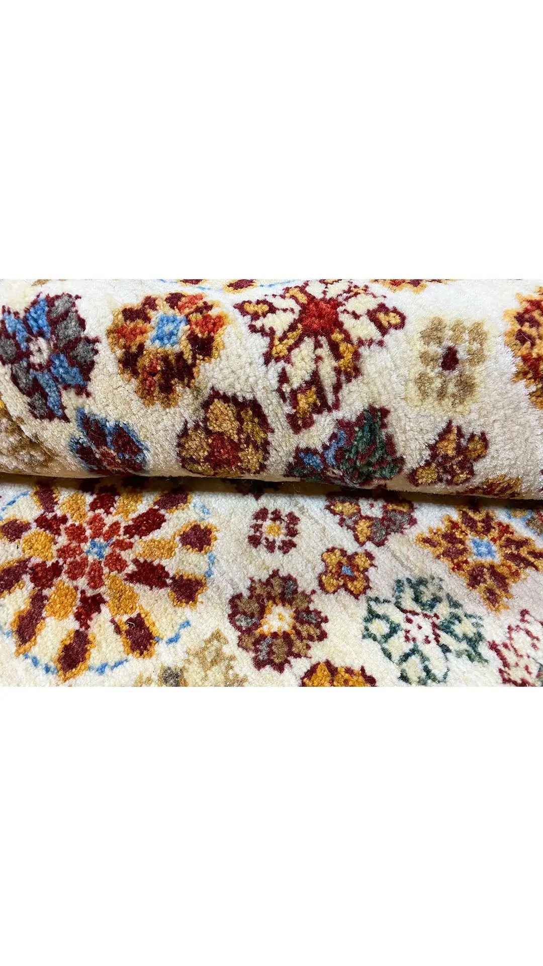 Carpet border with colorful ornaments on a cream-colored background