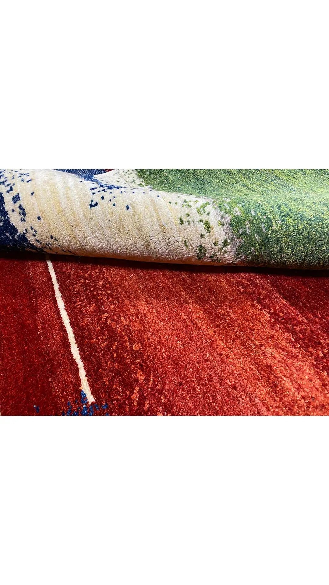 Gabbeh rug (198x150 cm), close-up with patterned stripes in red, blue, and beige