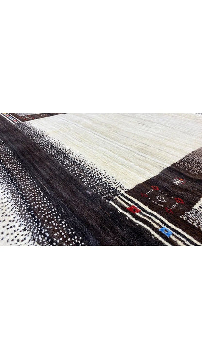 Rug with a light center stripe and dark brown border, patterned with small color accents