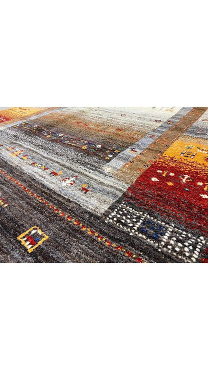 Gabbeh rug, geometric pattern with multicolored border, dark background