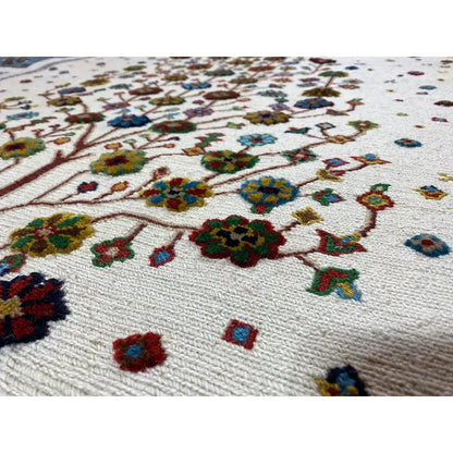 Rug with a light background and colorful floral patterns, detailed embroidered look
