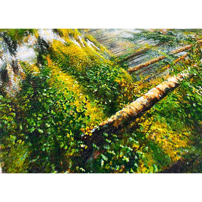 Wall tapestry 101x54 cm with a forest path motif, green-yellow color pattern, and clean lines