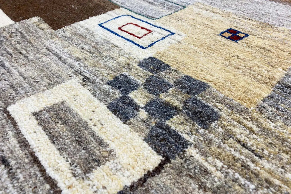 Gabbeh rug 186x150 cm, detail with geometric squares in beige, gray, and blue